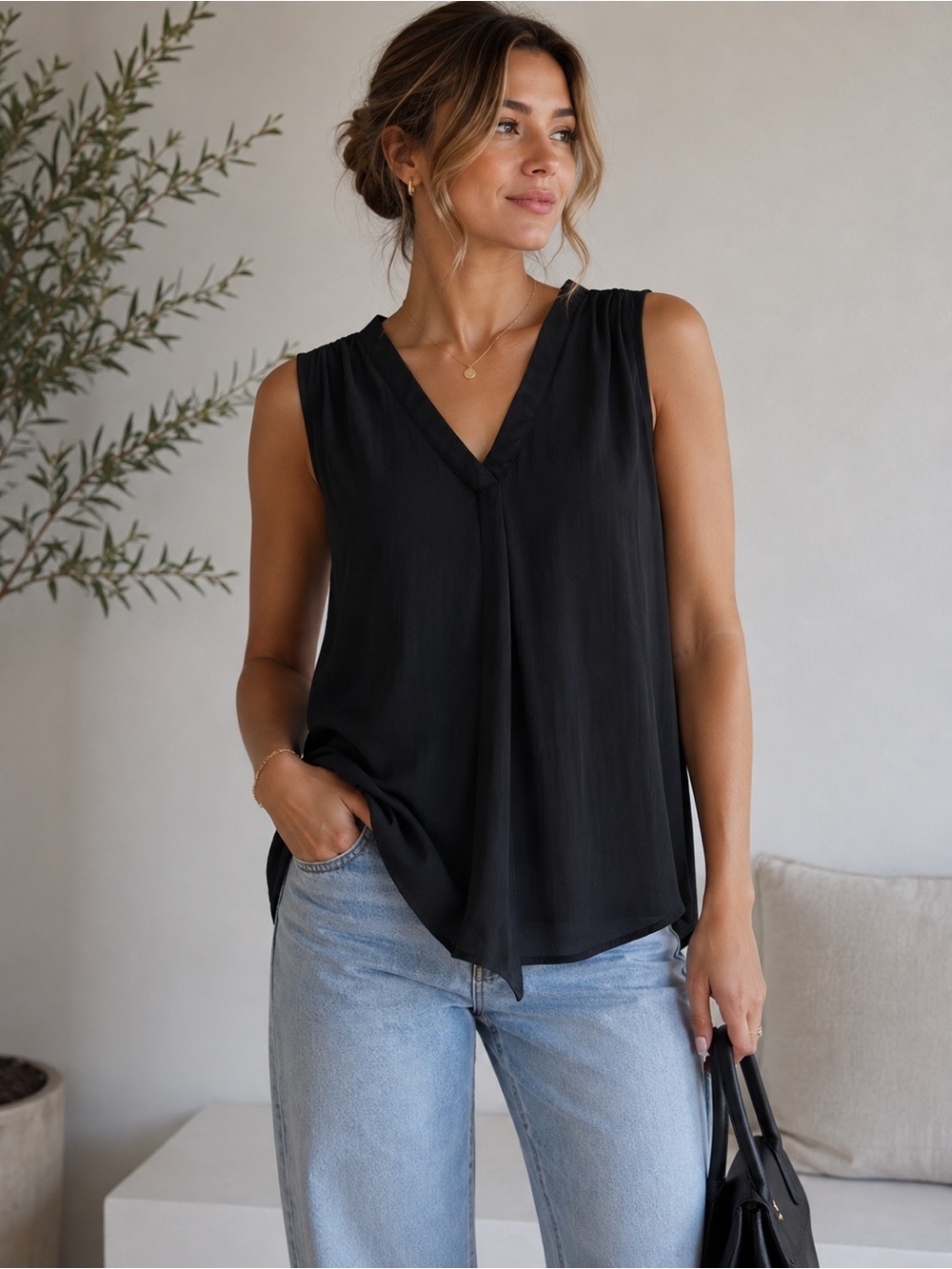 Premise Black V-Neck Sleeveless Blouse